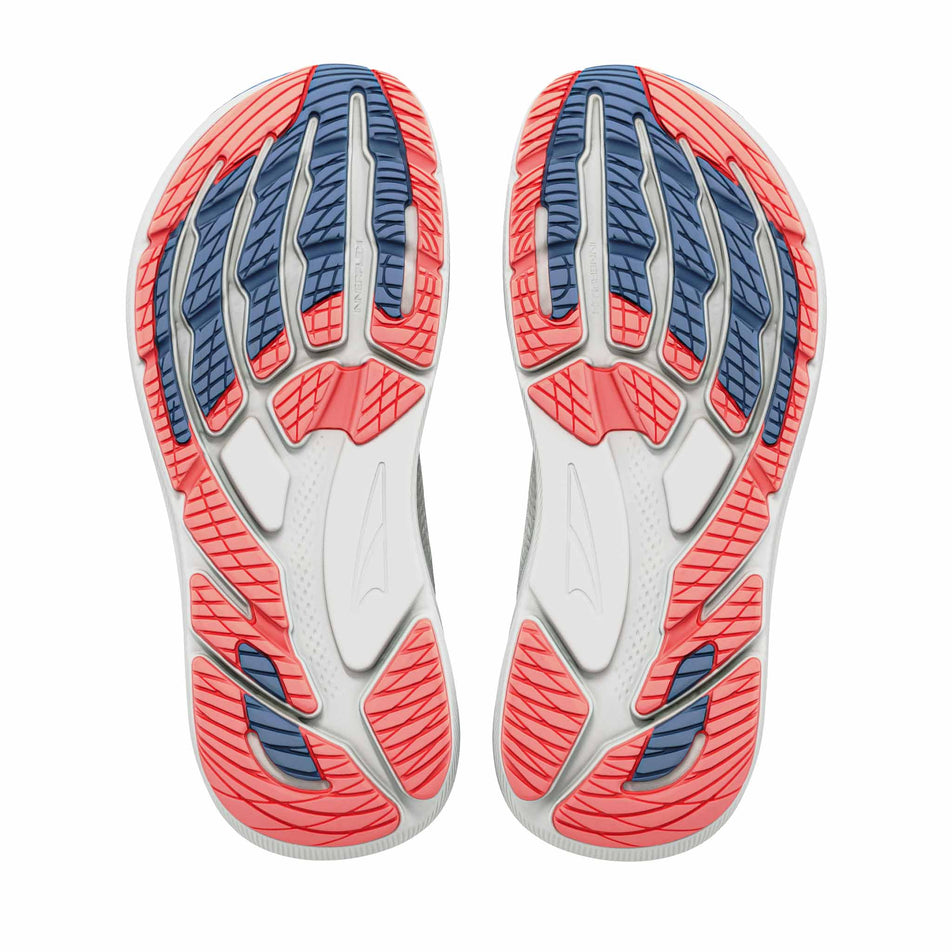 The outsoles of a pair of Altra Women's FWD VIA 2 Running Shoes in the Ice/Silver/Wndwrd Blue colourway.