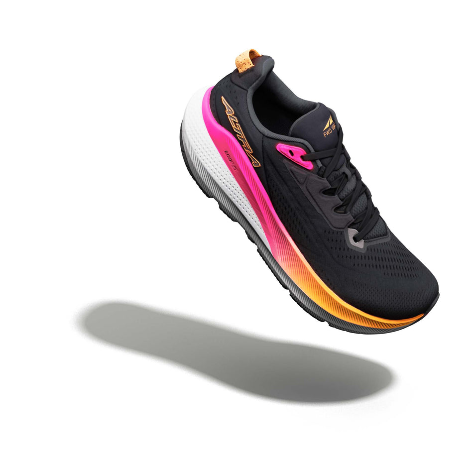 The right shoe from a pair of Altra Women's FWD VIA 2 Running Shoes in the Black/Silver/Knockout Pink colourway.