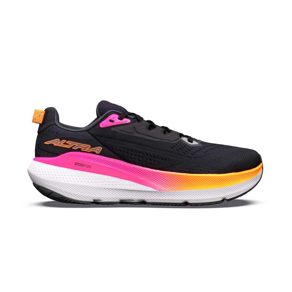 Lateral view of the right shoe from a pair of Altra Women's FWD VIA 2 Running Shoes in the Black/Silver/Knockout Pink colourway.