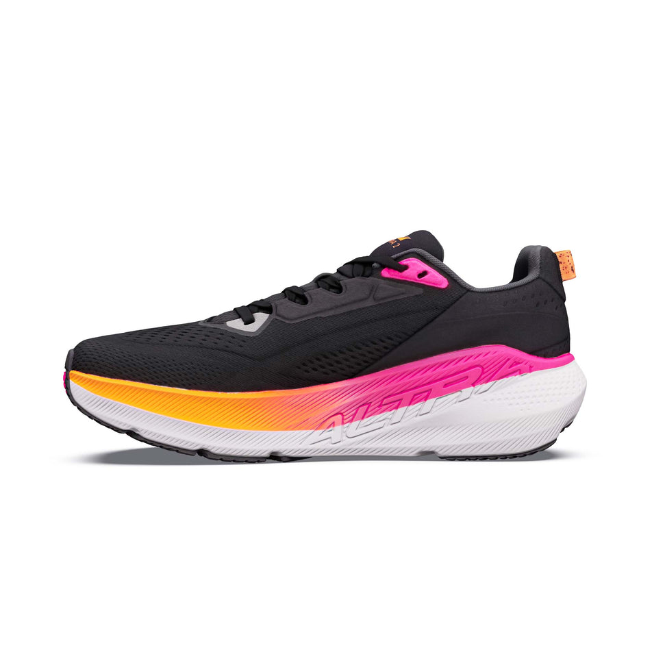Medial view of the right shoe from a pair of Altra Women's FWD VIA 2 Running Shoes in the Black/Silver/Knockout Pink colourway.