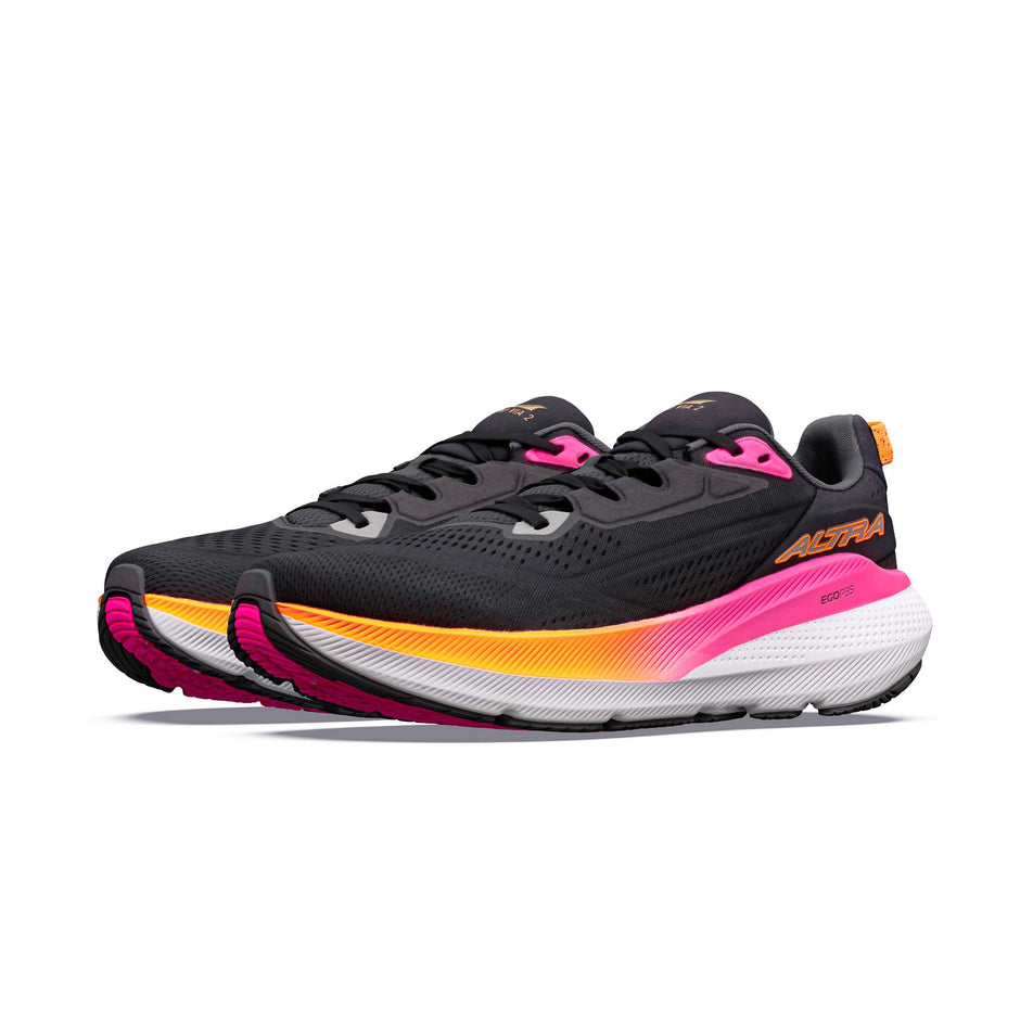 A pair of Altra Women's FWD VIA 2 Running Shoes in the Black/Silver/Knockout Pink colourway.