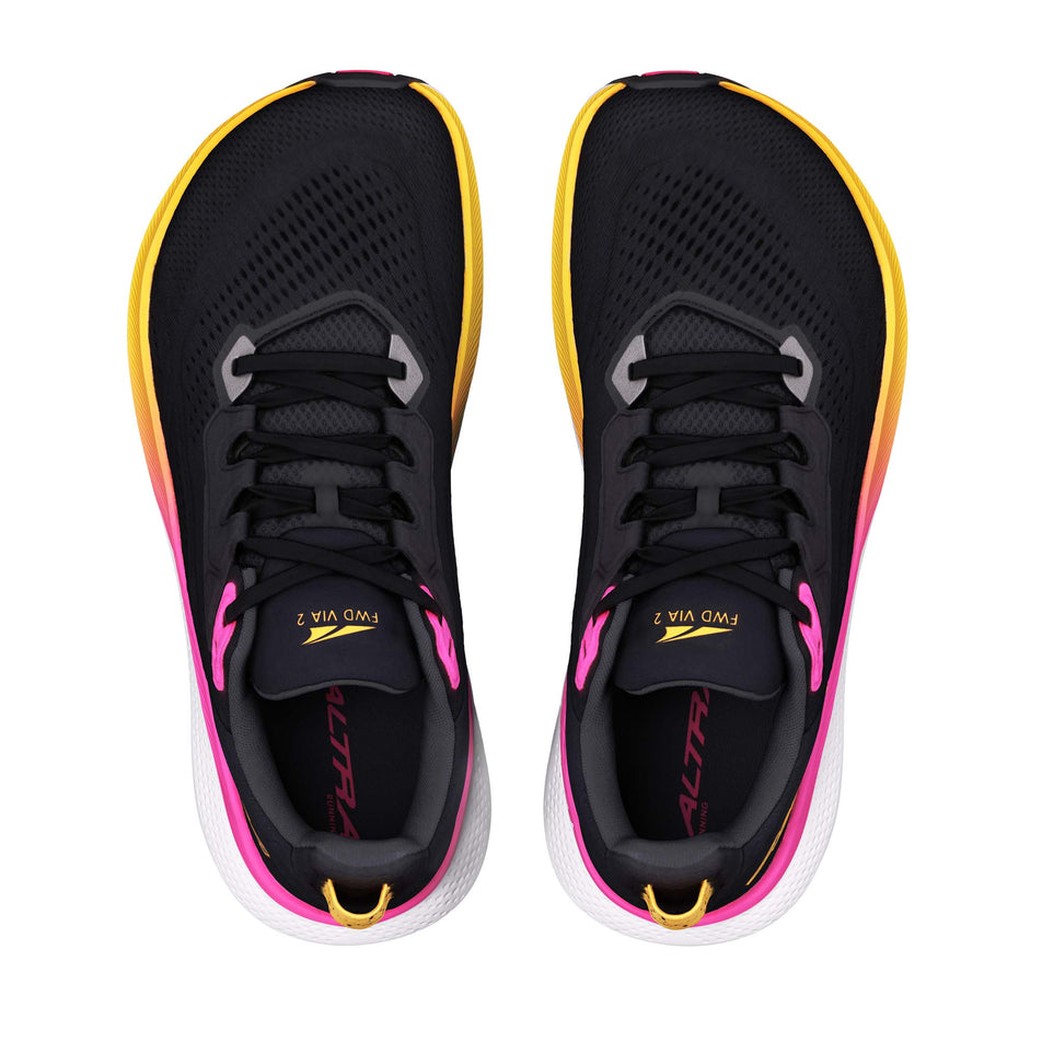 The uppers of a pair of Altra Women's FWD VIA 2 Running Shoes in the Black/Silver/Knockout Pink colourway.