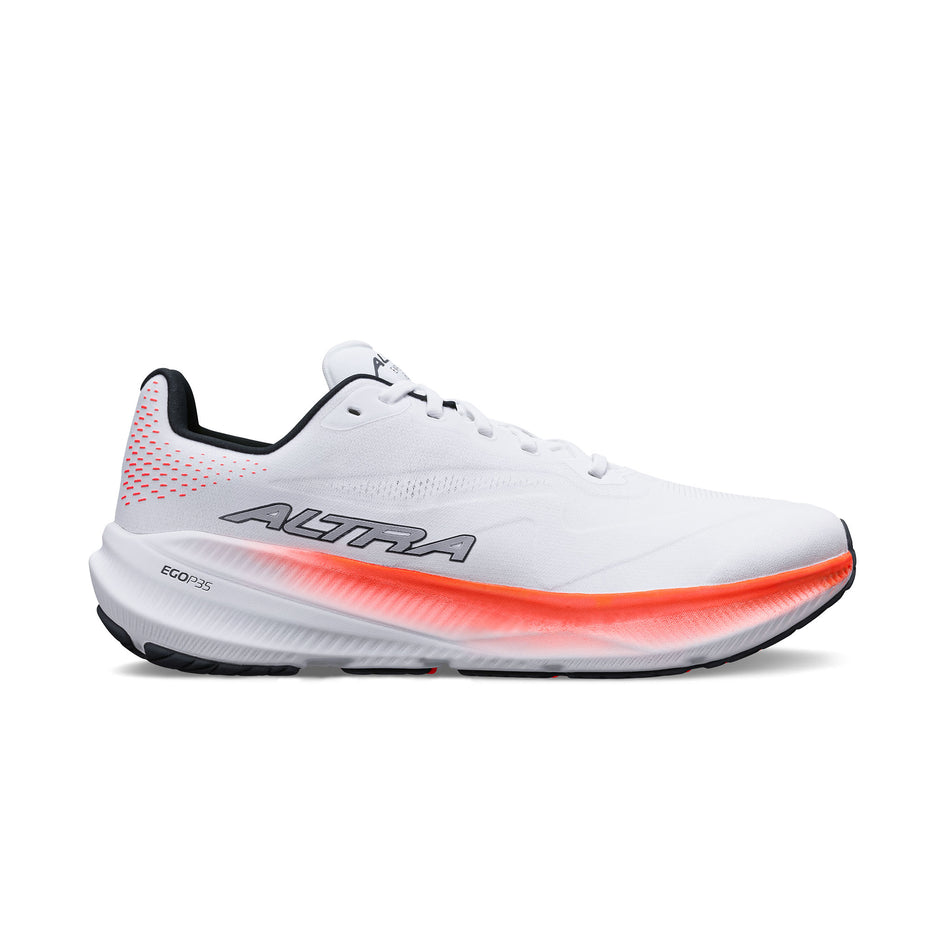 Lateral view of the right shoe from a pair of Altra Women's Experience Flow 3 Running Shoes in the White/Coral colourway. 