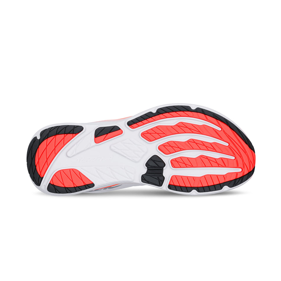 The outsole of the right shoe from a pair of Altra Women's Experience Flow 3 Running Shoes in the White/Coral colourway.