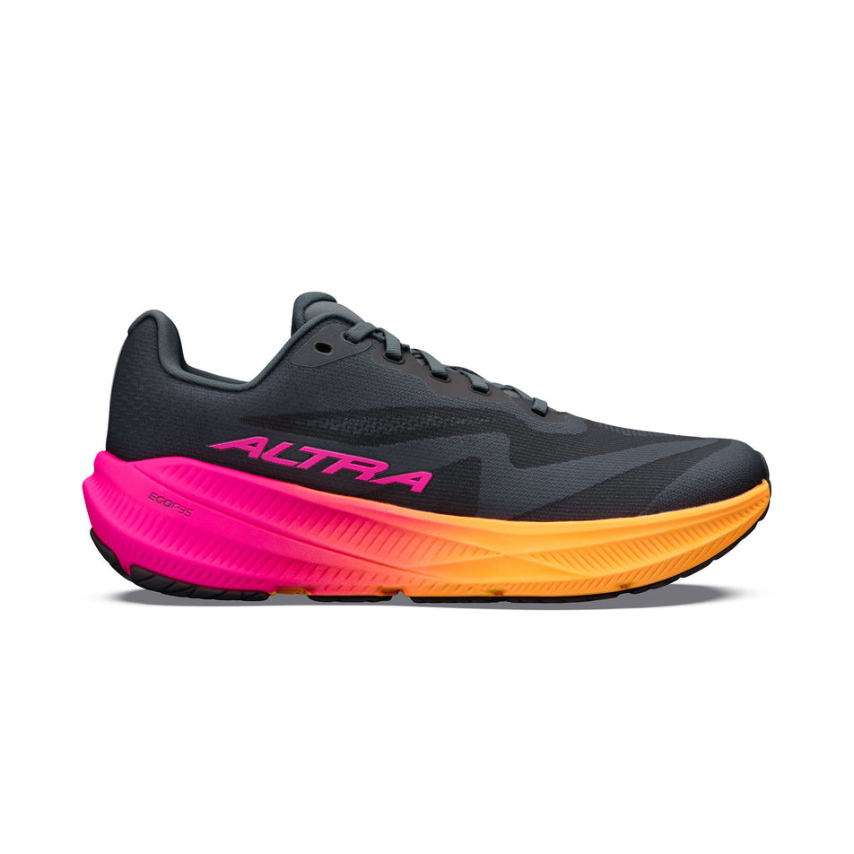 Lateral view of the right shoe from a pair of Altra Women's Experience Flow 3 Running Shoes in the Black/Black/Pink Glow colourway.