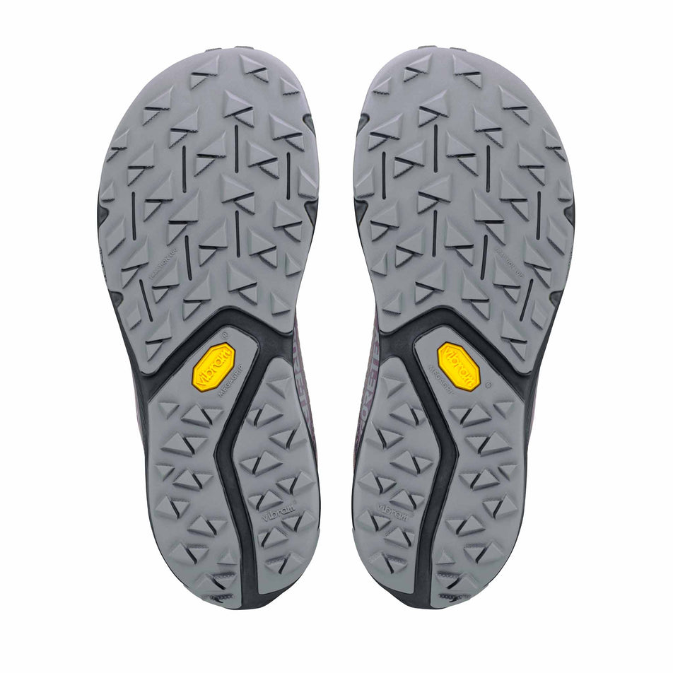 The outsoles of a pair of Altra Women's Experience Wild 3+ GTX Running Shoes in the Blue Hour/Dawn colourway.