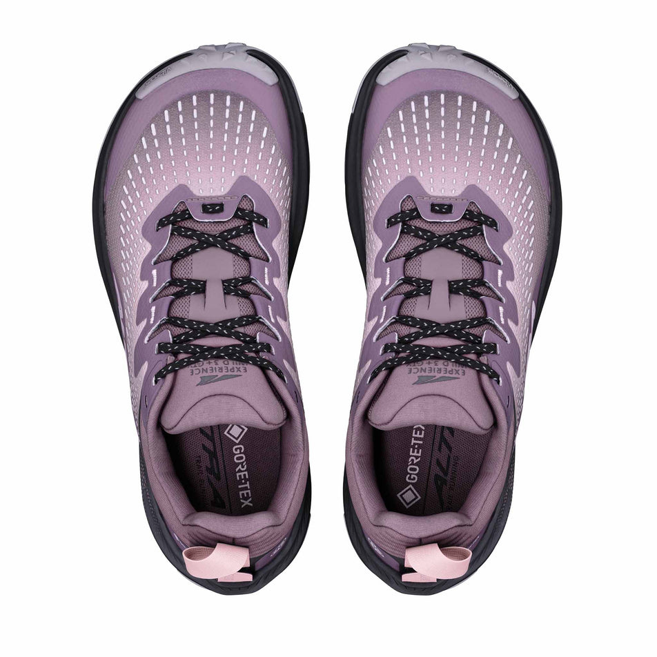 The uppers of a pair of Altra Women's Experience Wild 3+ GTX Running Shoes in the Blue Hour/Dawn colourway.