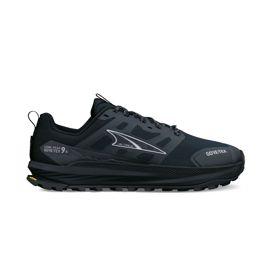 Lateral view of the right shoe from a pair of Altra Men's Lone Peak 9+ GTX Running Shoes in the Black/Black colourway.