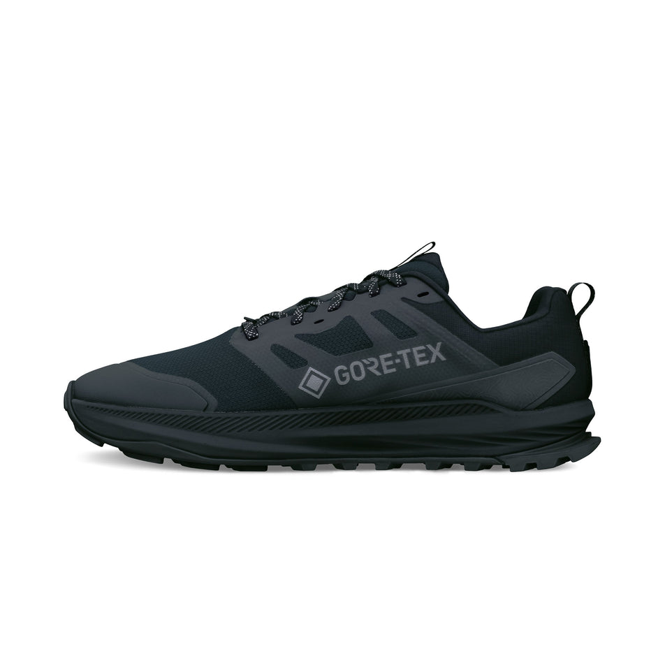 Medial view of the right shoe from a pair of Altra Men's Lone Peak 9+ GTX Running Shoes in the Black/Black colourway.