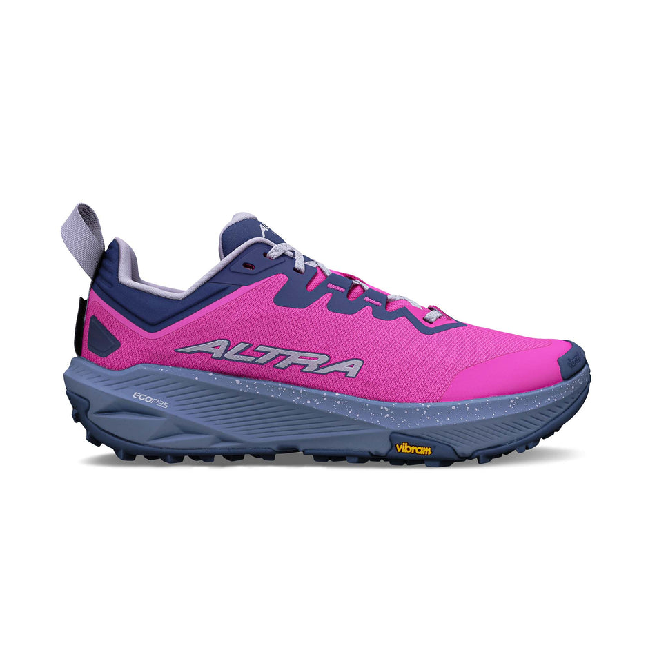 Lateral view of the right shoe from a pair of Altra Women's Experience Wild 3+ Running Shoes in the Magenta colourway.
