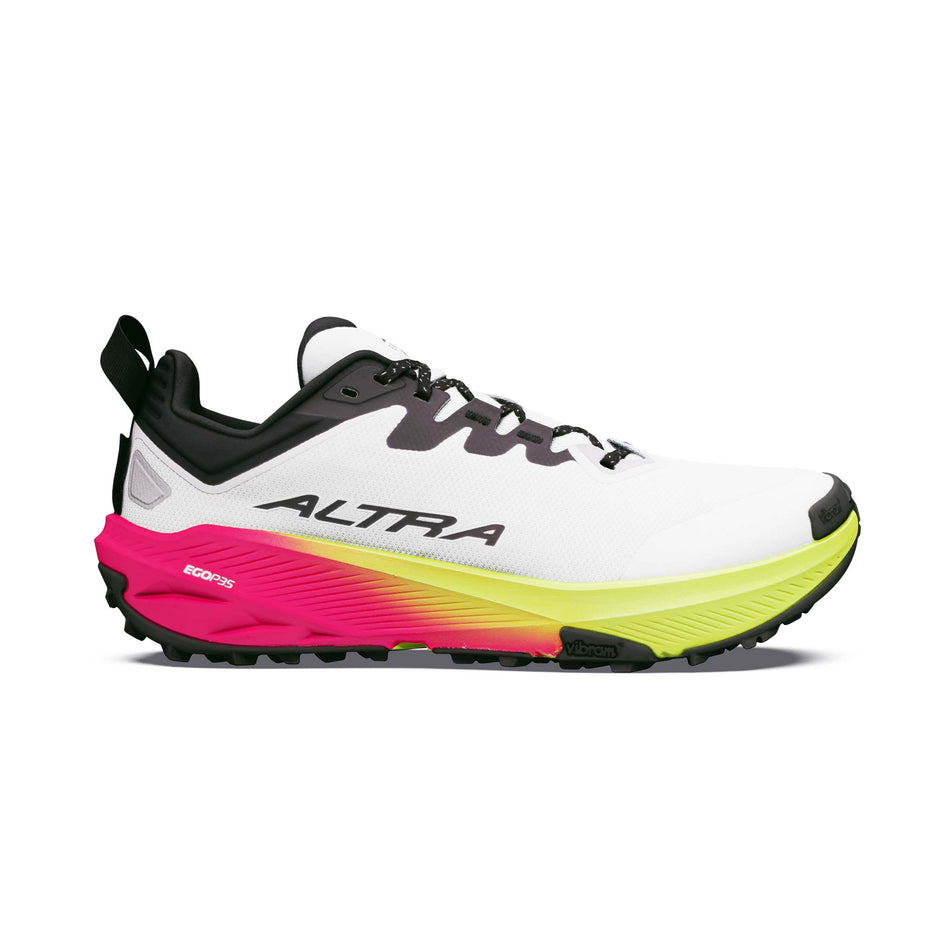 Lateral view of the right shoe from a pair of Altra Women's Experience Wild 3+ Running Shoes in the Ice/Black/Safety Yellow colourway.