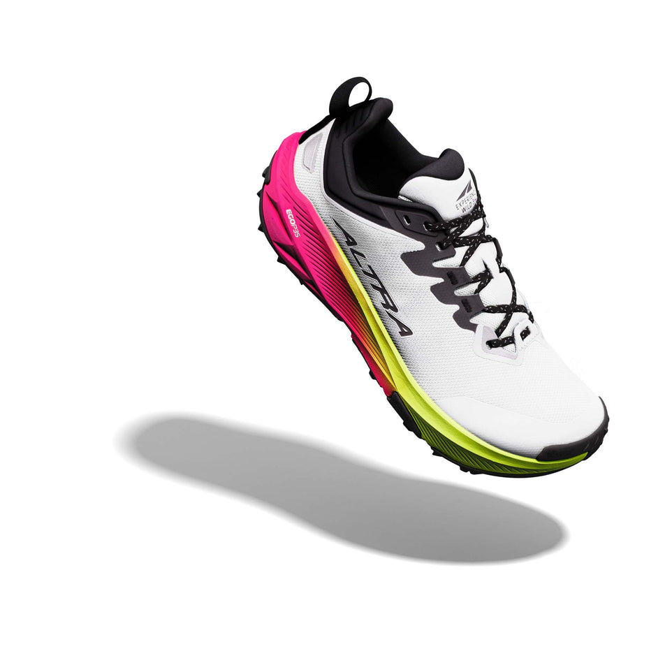 The right shoe from a pair of Altra Women's Experience Wild 3+ Running Shoes in the Ice/Black/Safety Yellow colourway.