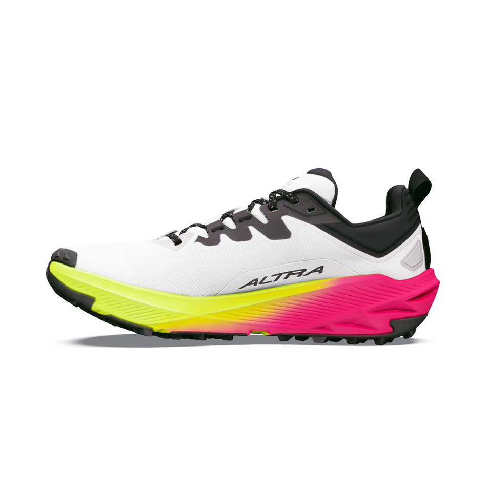 Medial view of the right shoe from a pair of Altra Women's Experience Wild 3+ Running Shoes in the Ice/Black/Safety Yellow colourway.