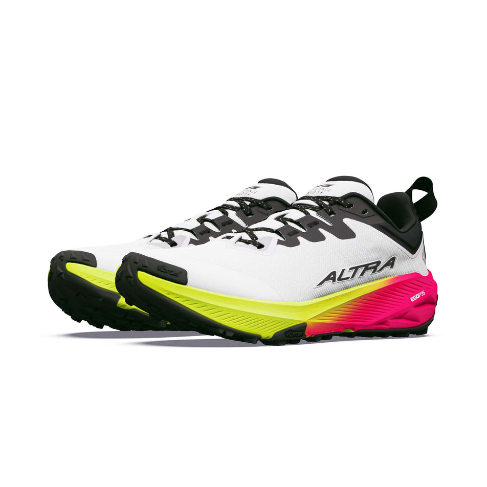 A pair of Altra Women's Experience Wild 3+ Running Shoes in the Ice/Black/Safety Yellow colourway.