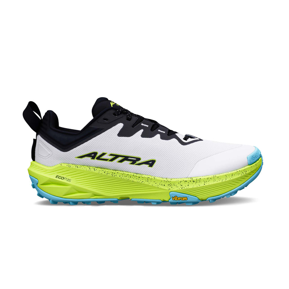 Lateral view of the right shoe from a pair of Altra Men's Experience Wild 3+ Running Shoes in the White/Lime colourway.