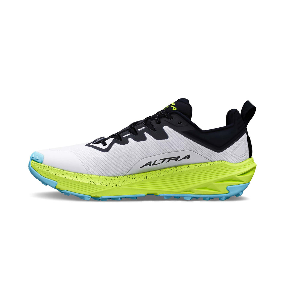 Medial view of the right shoe from a pair of Altra Men's Experience Wild 3+ Running Shoes in the White/Lime colourway.