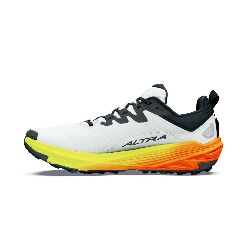 Medial view of the right shoe from a pair of Altra Men's Experience Wild 3+ Running Shoes in the Ice/Black/Safety Yellow colourway.