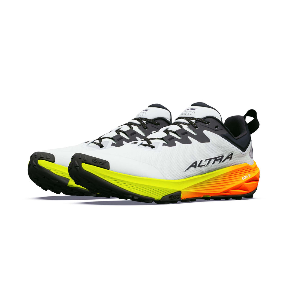 A pair of Altra Men's Experience Wild 3+ Running Shoes in the Ice/Black/Safety Yellow colourway.