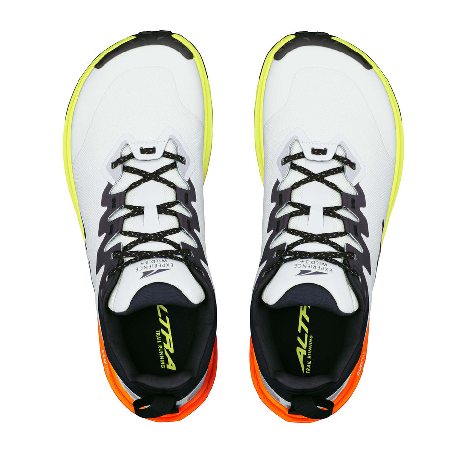 The uppers of a pair of Altra Men's Experience Wild 3+ Running Shoes in the Ice/Black/Safety Yellow colourway.