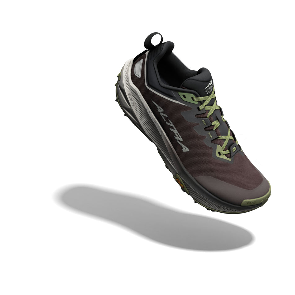 The right shoe from a pair of Altra Men's Experience Wild 3+ Running Shoes in the Chocolate Torte/Flint Grey colourway.