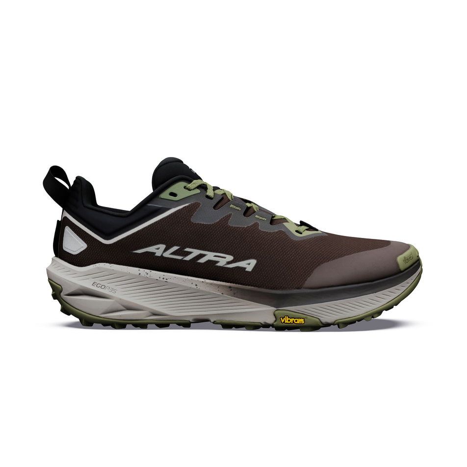 Lateral view of the right shoe from a pair of Altra Men's Experience Wild 3+ Running Shoes in the Chocolate Torte/Flint Grey colourway.