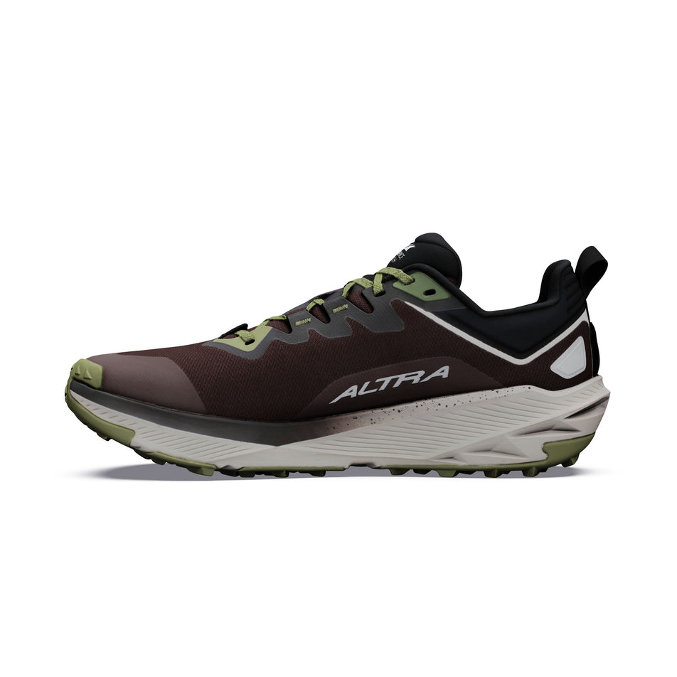 Medial view of the right shoe from a pair of Altra Men's Experience Wild 3+ Running Shoes in the Chocolate Torte/Flint Grey colourway.