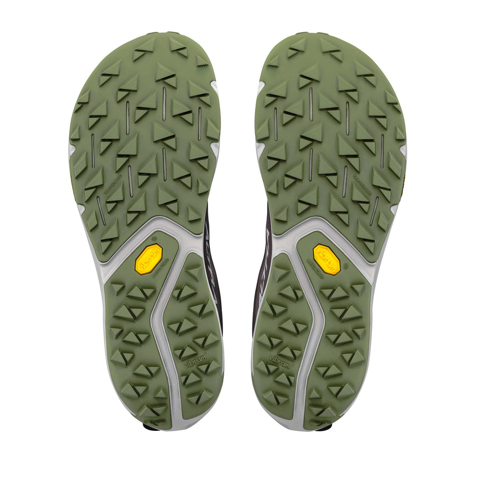 The outsoles of a pair of Altra Men's Experience Wild 3+ Running Shoes in the Chocolate Torte/Flint Grey colourway.
