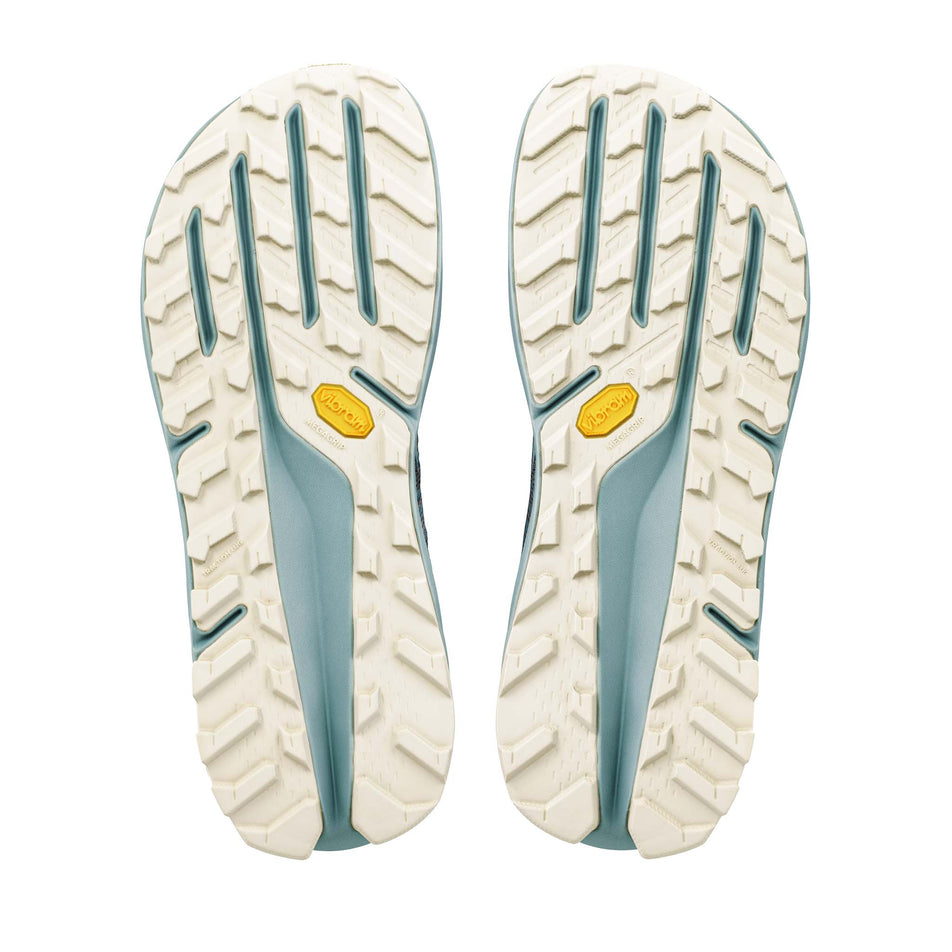 The outsoles of a pair of Altra Men's Olympus 275 HILO Trail Running Shoes in the Ultra Grey/Sea Pine/Green Mileu colourway.