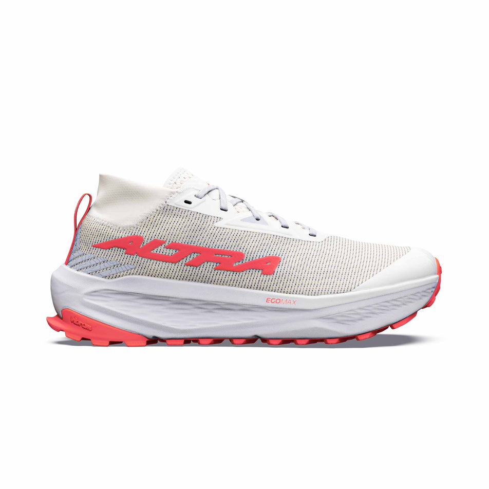Lateral view of the right shoe from a pair of Altra Women's Olympus 275 HILO Running Shoes in the Vaporous Gray/Fiery Coral colourway.