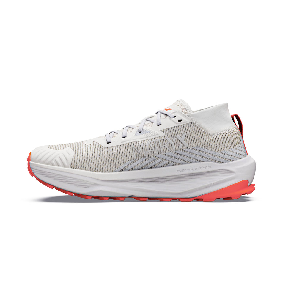 Medial view of the right shoe from a pair of Altra Women's Olympus 275 HILO Running Shoes in the Vaporous Gray/Fiery Coral colourway.