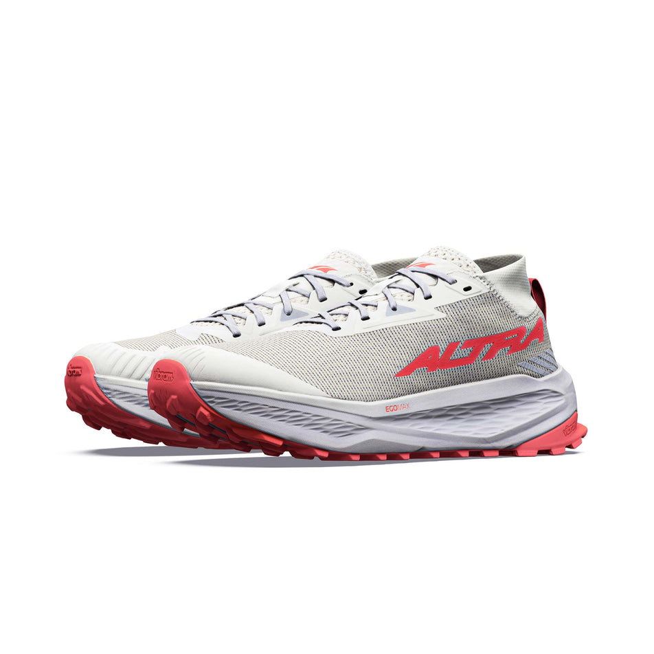 A pair of Altra Women's Olympus 275 HILO Running Shoes in the Vaporous Gray/Fiery Coral colourway.