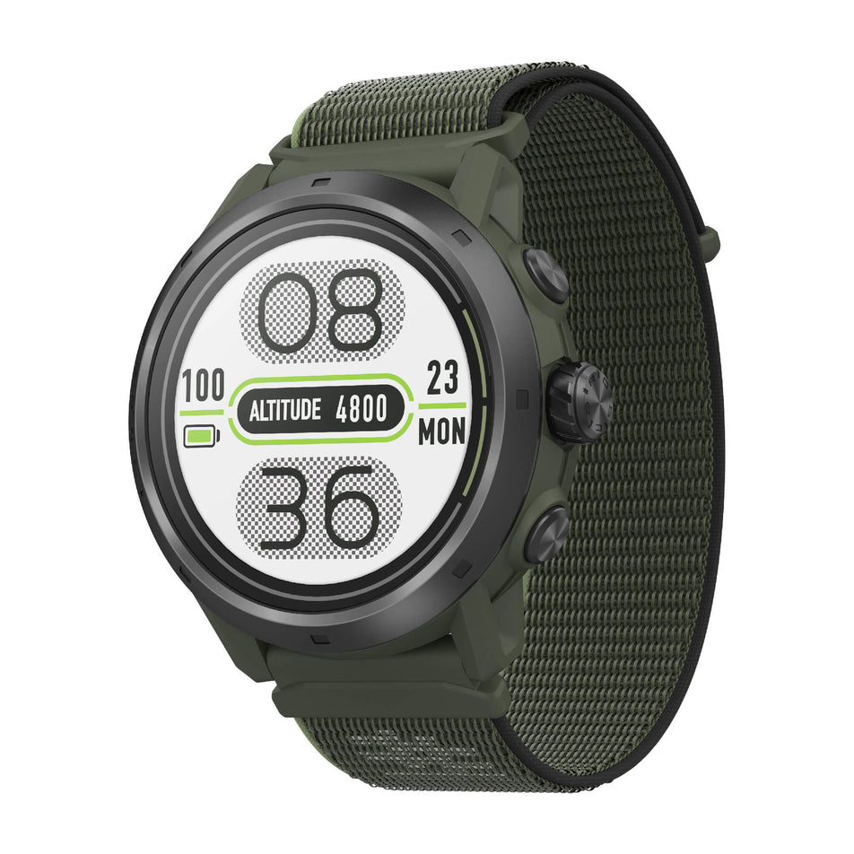 Angled front view of a COROS APEX 2 Pro GPS Outdoor Watch in the green colourway.  (7926847668386)