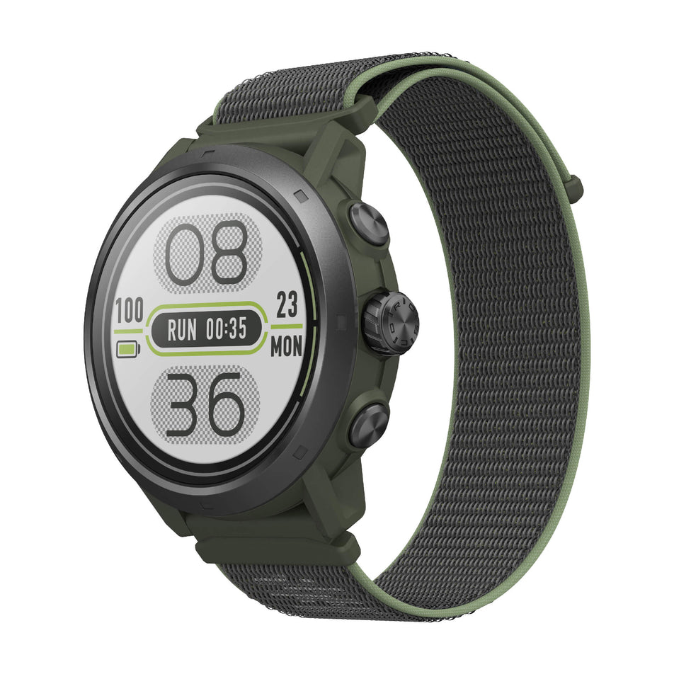 Angled front view of a COROS APEX 2 Pro GPS Outdoor Watch in the green colourway.  (7926847668386)