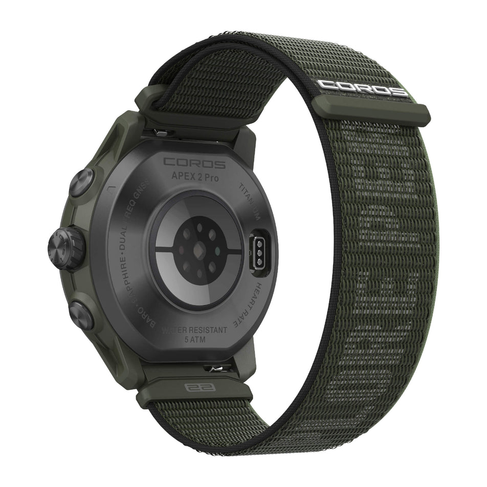 Angled back view of a COROS APEX 2 Pro GPS Outdoor Watch in the green colourway.  (7926847668386)