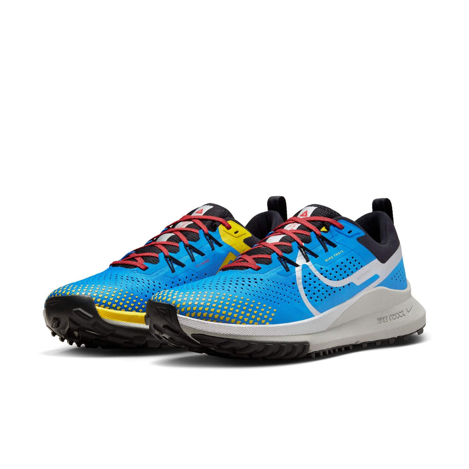 A pair of Nike Pegasus Trail 4 Men's Trail Running Shoes in the LT Photo Blue/Metallic Silver-Track Red colourway (7970844377250)