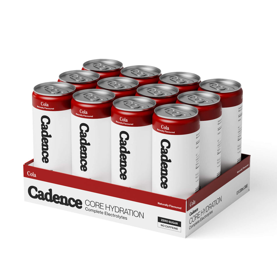 A tray of 12 cans of the Cadence Core Hydration Drink in the Cola flavour.