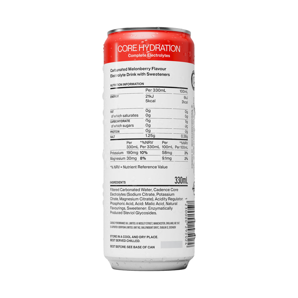 The ingredient list of a can of Cadence Core Hydration Drink in the Melonberry flavour.