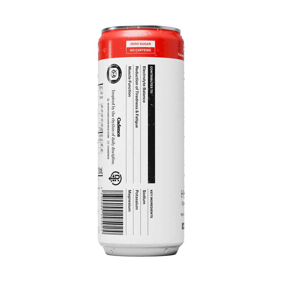 The ingredient list of a can of Cadence Core Hydration Drink in the Melonberry flavour.