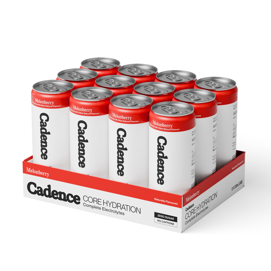 A tray of 12 cans of the Cadence Core Hydration Drink in the Melonberry flavour.