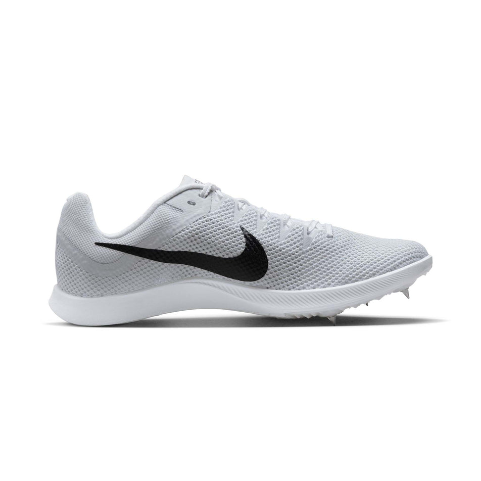 Medial side of the left shoe from a pair of Nike Unisex Rival Distance Track & Field Distance Spikes in the White/Black-Metallic Silver colourway (8049556324514)