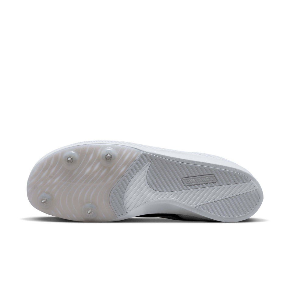 Outsole of the left shoe from a pair of Nike Unisex Rival Distance Track & Field Distance Spikes in the White/Black-Metallic Silver colourway (8049556324514)