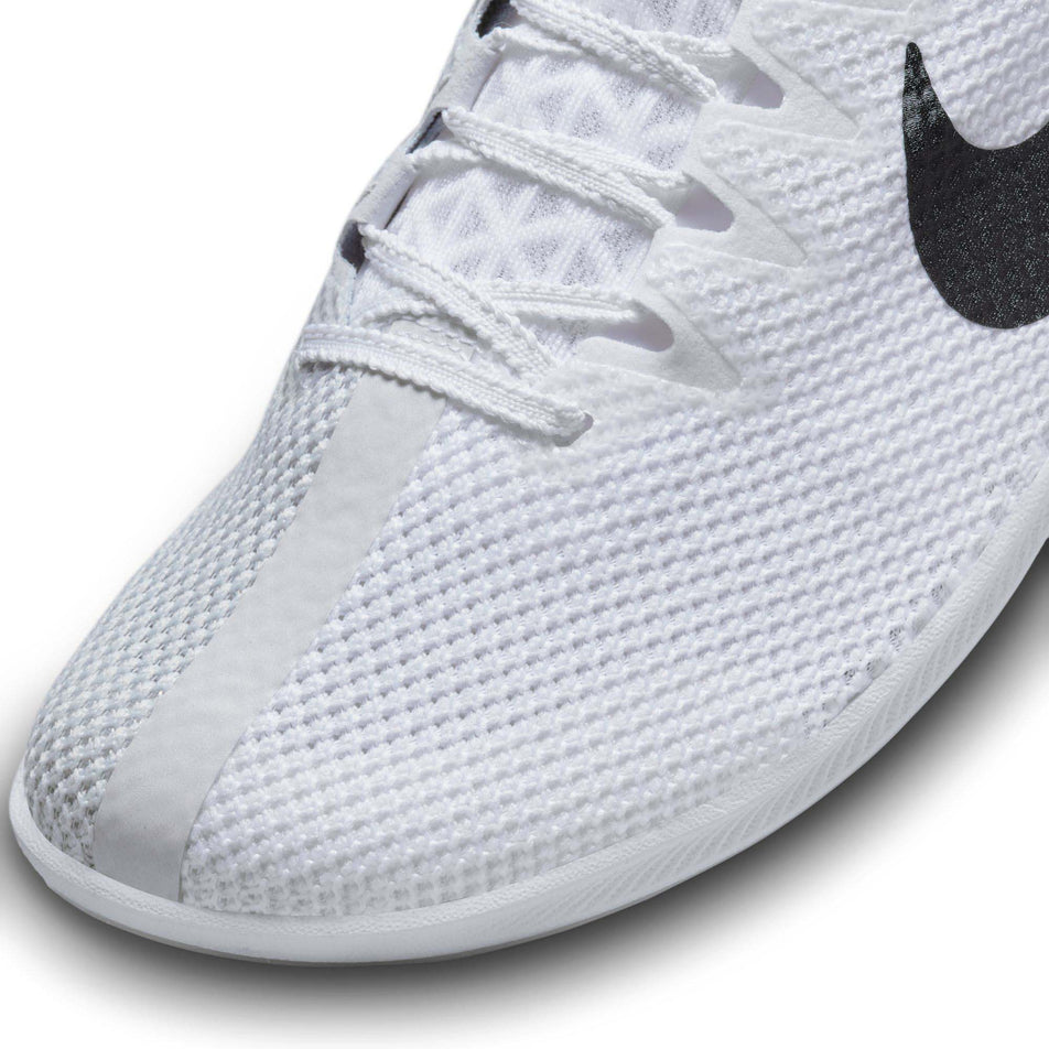 Lateral side of the toe box on the left shoe from a pair of Nike Unisex Rival Distance Track & Field Distance Spikes in the White/Black-Metallic Silver colourway (8049556324514)
