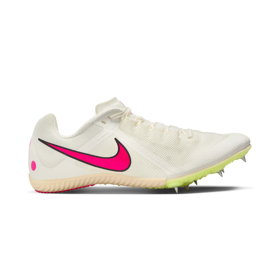 Medial side of the left shoe from a pair of Nike Unisex Rival Multi Track & Field Multi-Event Spikes in the Sail/Fierce Pink-LT Lemon Twist colourway (8139969757346)