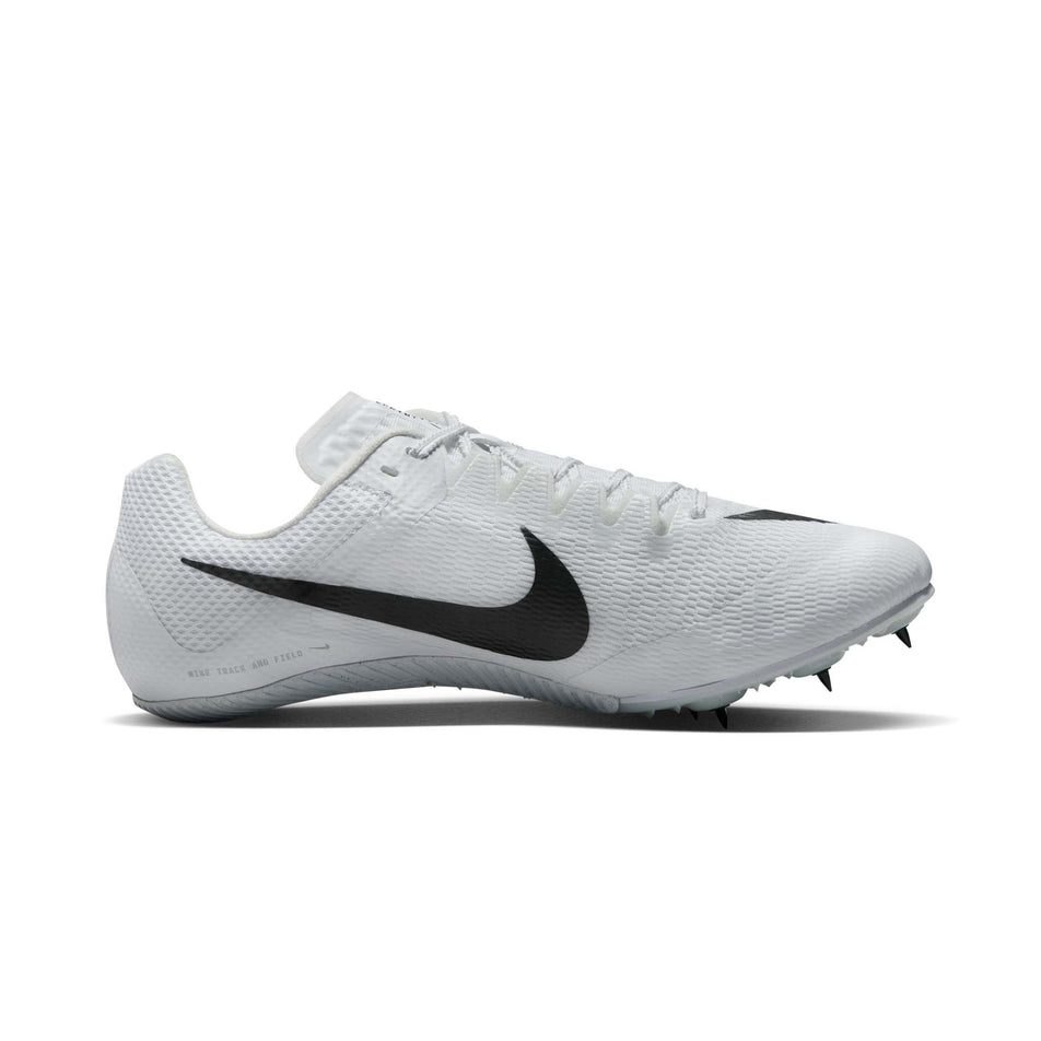 Medial side of the left shoe from a pair of Nike Unisex Rival Sprint Track & Field Sprinting Spikes in the White/Black-Metallic Silver colourway (8049489543330)