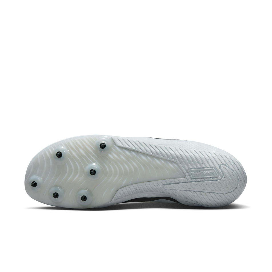 Outsole of the left shoe from a pair of Nike Unisex Rival Sprint Track & Field Sprinting Spikes in the White/Black-Metallic Silver colourway (8049489543330)