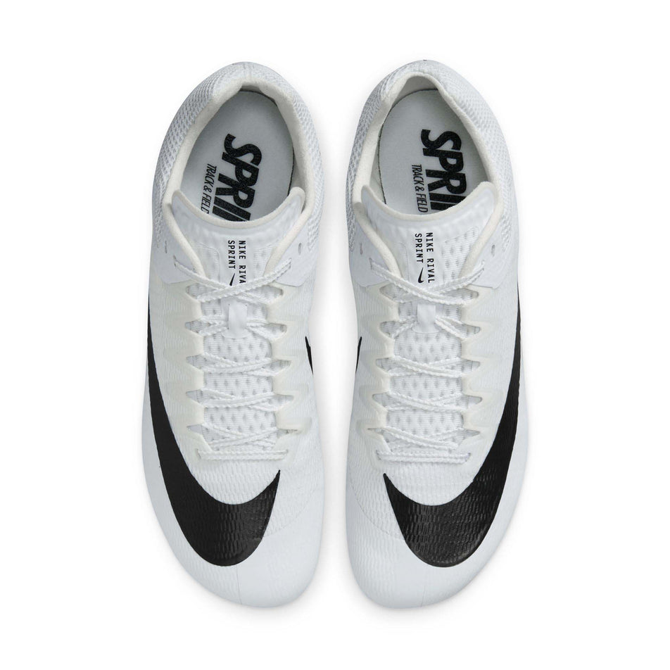 The uppers on a pair of Nike Unisex Rival Sprint Track & Field Sprinting Spikes in the White/Black-Metallic Silver colourway (8049489543330)