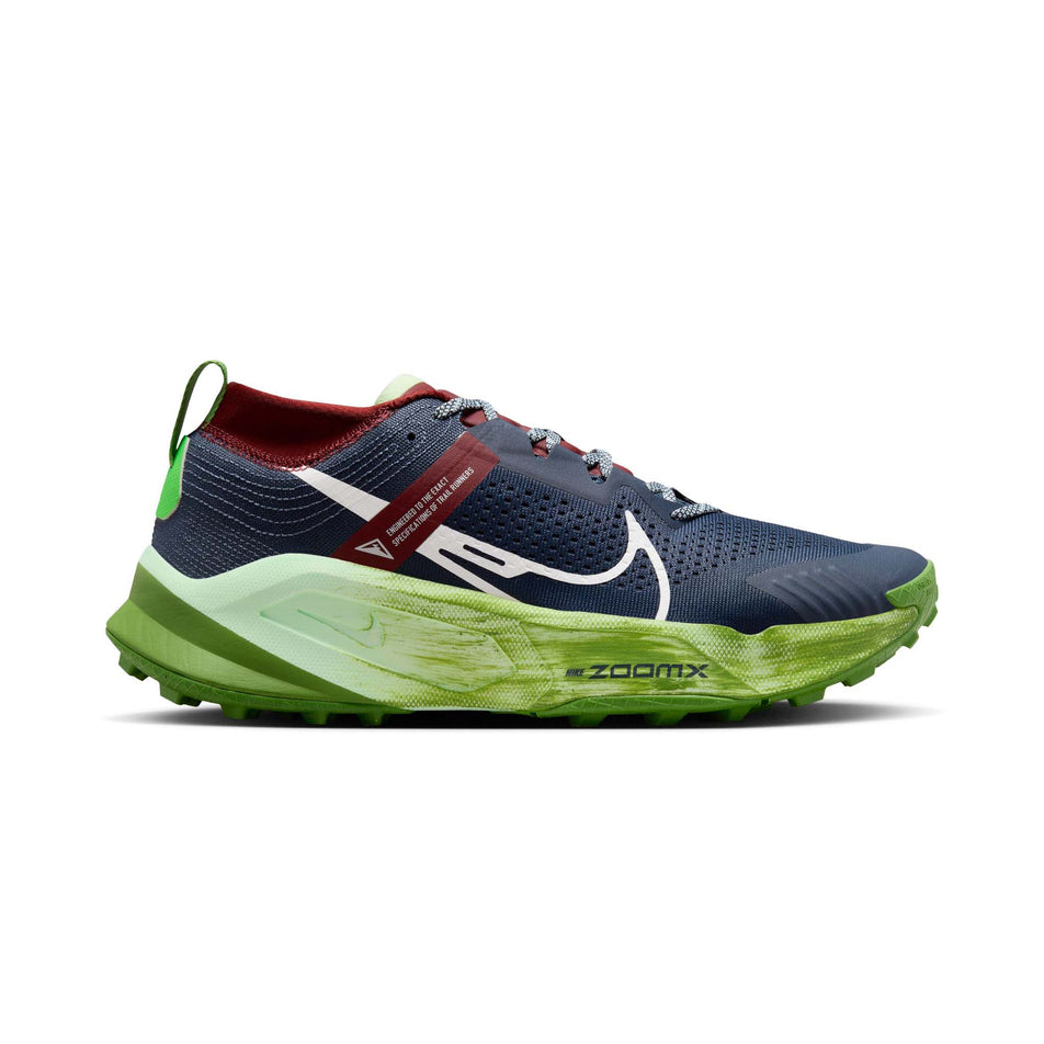 Lateral side of the right shoe from a pair of Nike Men's Zegama Trail Running Shoes in the Thunder Blue/Summit White-Chlorophyll colourway (8157770023074)