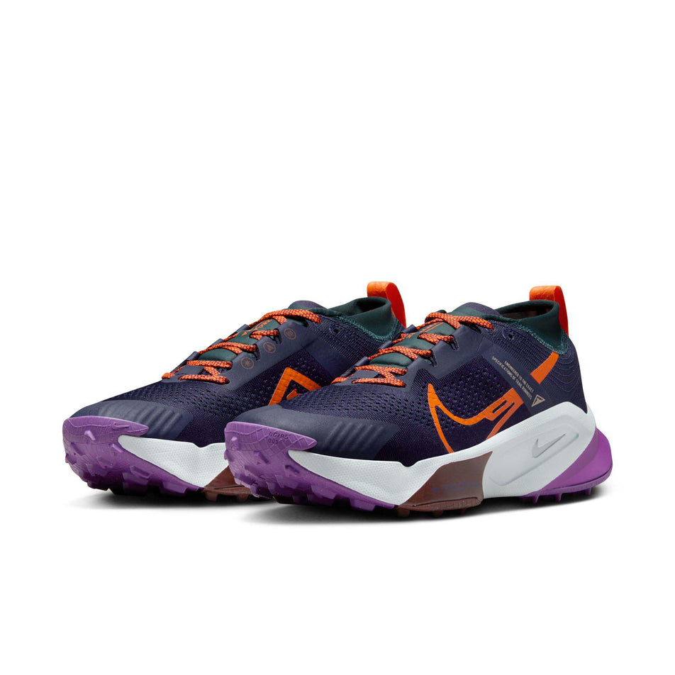 A pair of Nike Men's Zegama Trail Running Shoes in the Purple Ink/Safety Orange-Deep Jungle colourway (8048789029026)