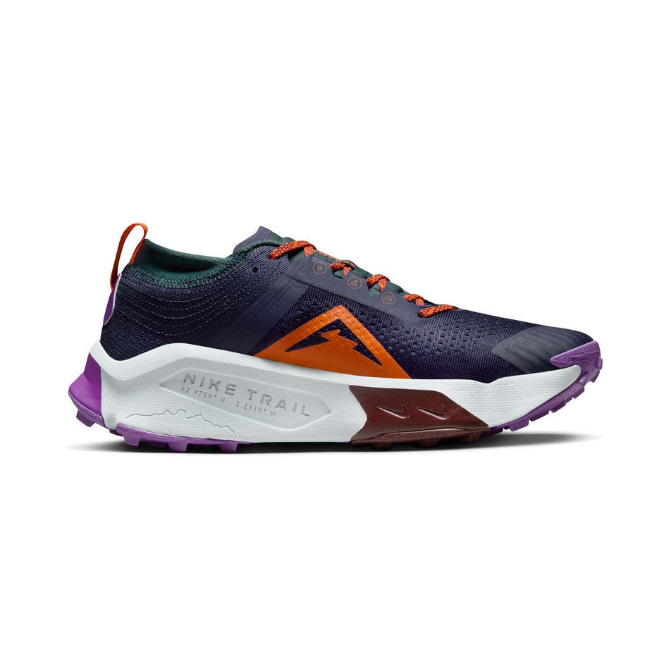 Medial side of the left shoe from a pair of Nike Men's Zegama Trail Running Shoes in the Purple Ink/Safety Orange-Deep Jungle colourway (8048789029026)