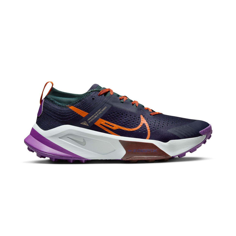 Lateral side of the right shoe from a pair of Nike Men's Zegama Trail Running Shoes in the Purple Ink/Safety Orange-Deep Jungle colourway (8048789029026)